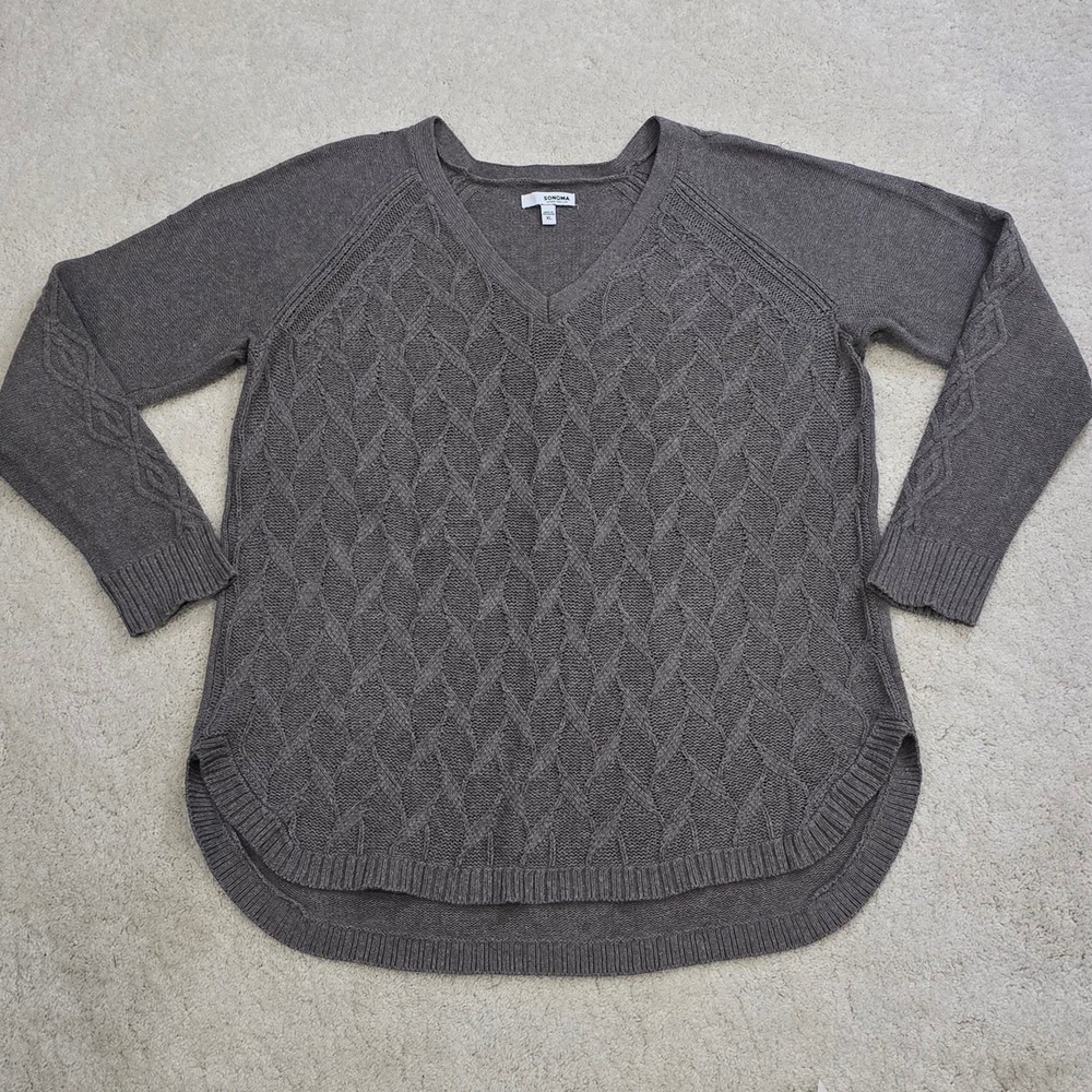 Women's Grayish/Tan Cable Knit V-Neck Sweater XL - SONOMA‎ Goods For Life